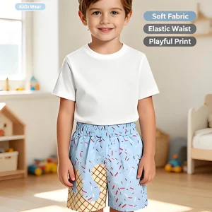 Kids Boys Summer Ice Cream Sprinkle Light Blue Shorts Children's Clothing Summer Seasonal Boys' Fashion Kids' Outfits
