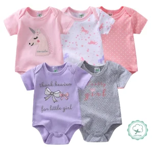 5pcs Girls' Short-Sleeve Bodysuits, Cotton Baby Romper Onesies, Girls' Essential Clothing, Newborn Hospital Birth Supplies, Perfect for Outdoor